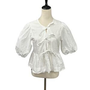 Romantic Cottagecore Puff Sleeve Peplum Blouse Mable White Top Size M